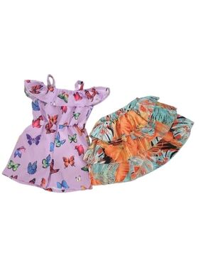 SHEIN Girls 6/7Y Bundle Butterfly Romper + Tropical Ruffle Skirt Set